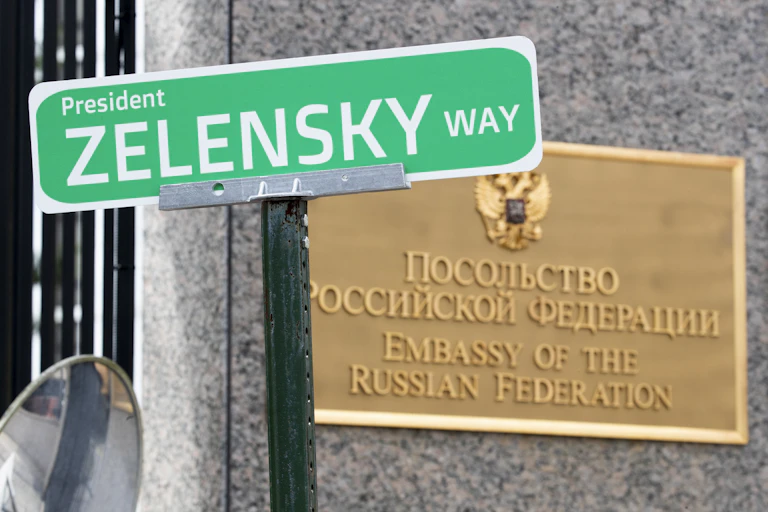 A sign reading President Zelensky Way outside the Russian embassy in Washington, USA.