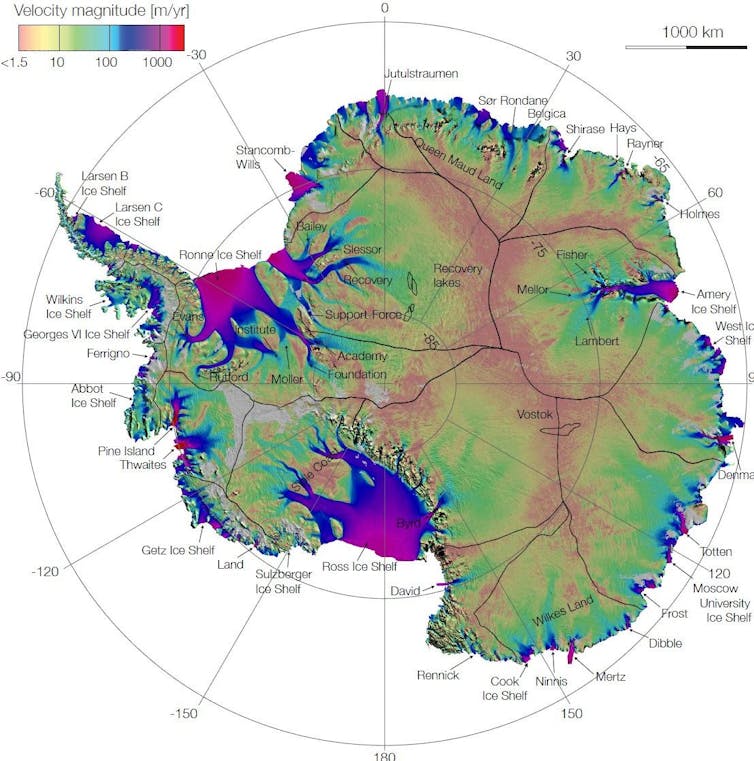 A map of the ice sheet showing faster flowing ice at the ice shelves and particularly around the edges of West Antarctica.