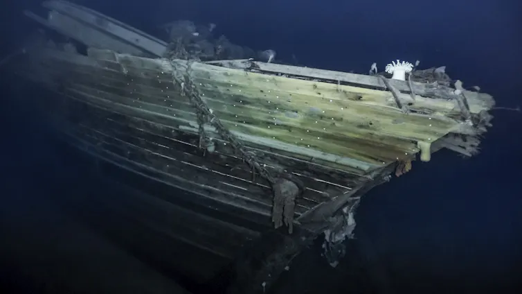Prow of ship on sea bed