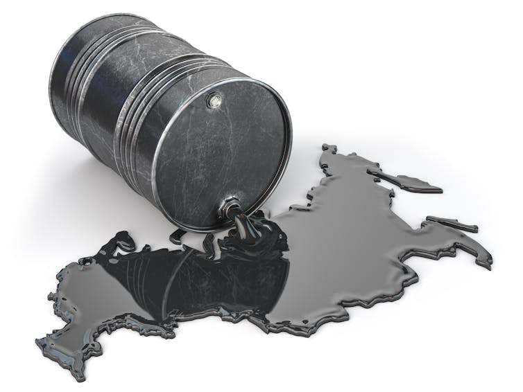 Oil barrel with spilled oil forming the shape of Russia.