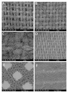 Six squares showing highly magnified images of different fabrics