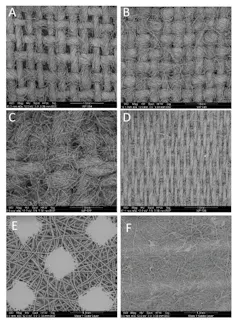 Six squares showing highly magnified images of different fabrics