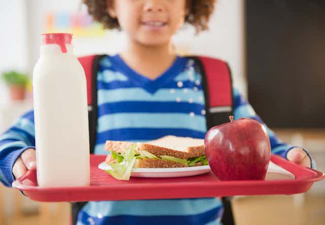 A child holds a tray with milk, an apple and a sandwich