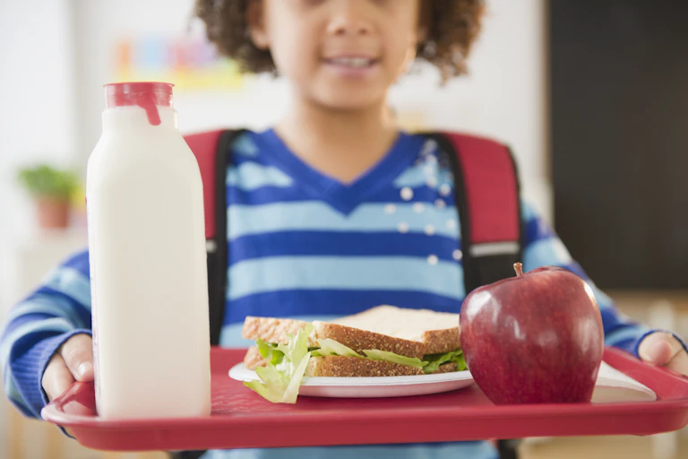 A child holds a tray with milk, an apple and a sandwich