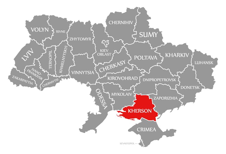 Map of Ukraine with Kherson oblast (region) highlighted in red.