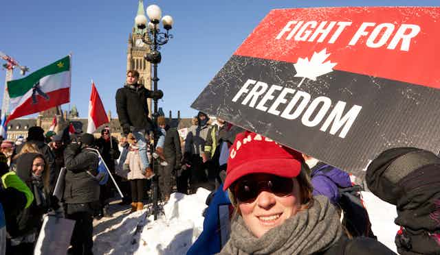 A Freedom Convoy protestor in Canada