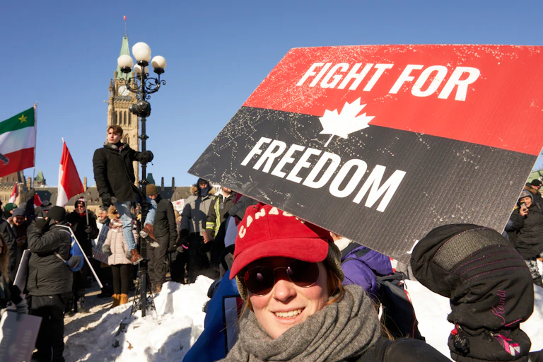 A Freedom Convoy protestor in Canada