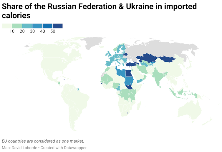 A map of the world showing that some countries, like Turkey, import more than half their calories from Ukraine and Russia.