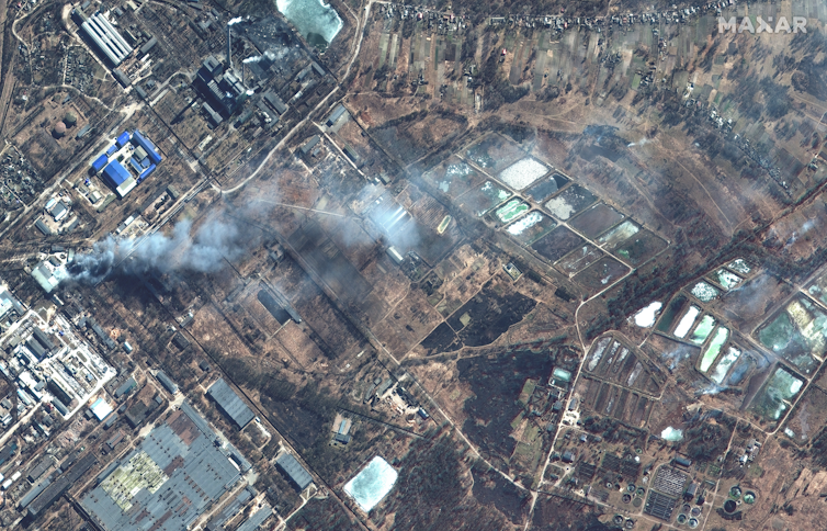 Satellite image of Chernihiv in northern Ukraine with fires caused by Russian bombardment.