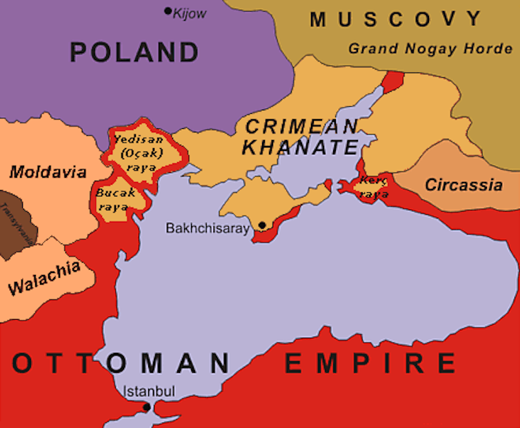 A map showing the Tatar state in the 16th century, lying between Muscovy (Russia), the Black Sea and the Ottoman Empire.