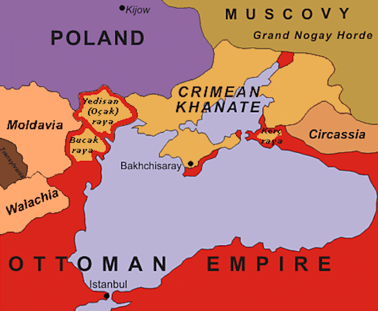 A map showing the Tatar state in the 16th century, lying between Muscovy (Russia), the Black Sea and the Ottoman Empire.