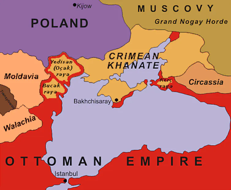 A map showing the Tatar state in the 16th century, lying between Muscovy (Russia), the Black Sea and the Ottoman Empire.