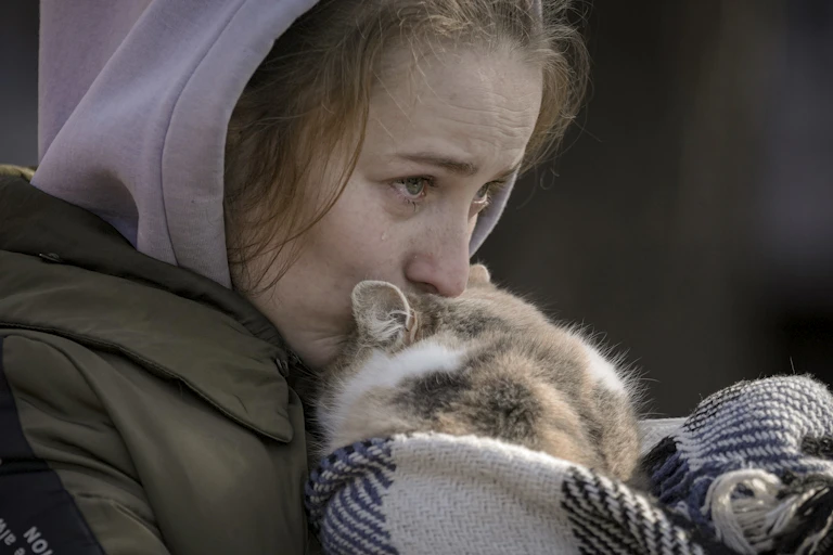 A tear streams down the cheek of a woman in a pink hoodie kissing a cat wrapped in a blanket.