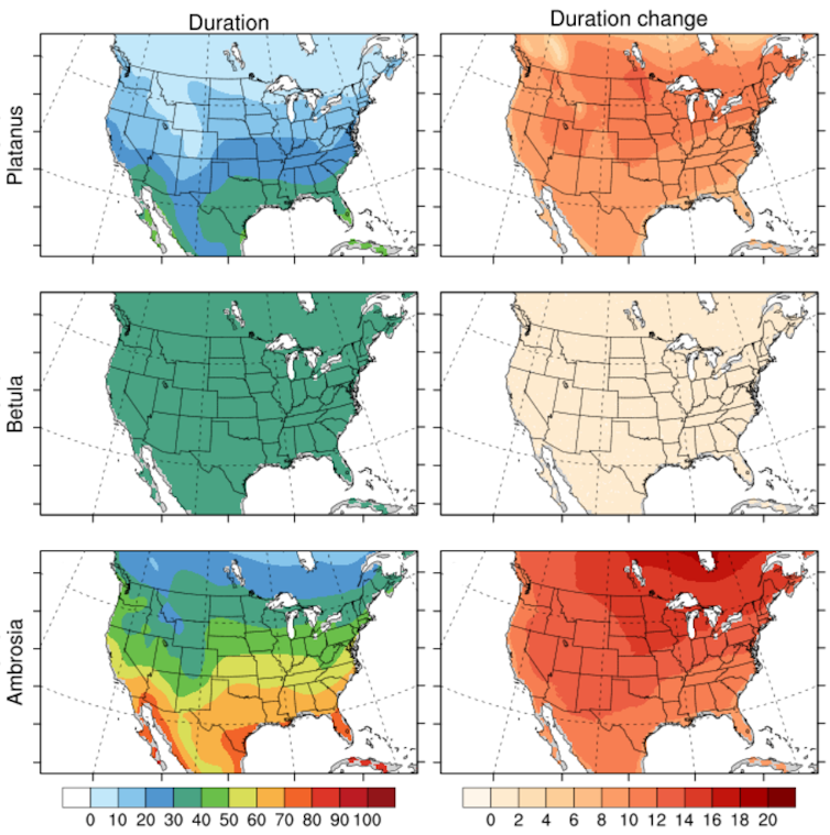 6 maps showing differences in how types of plant pollen seasons will change _Ambrosia_ better known as ragweed has the greatest increase