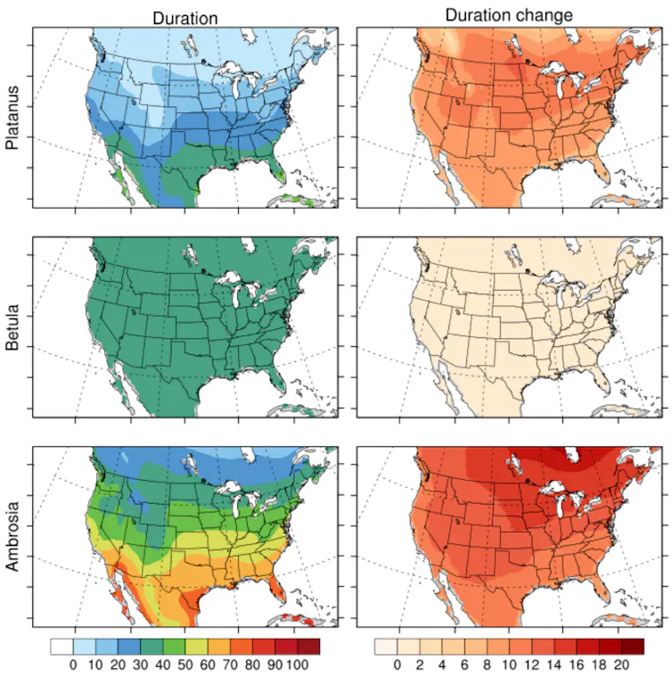 6 maps showing differences in how types of plant pollen seasons will change. _Ambrosia_, better known as ragweed, has the greatest increase.