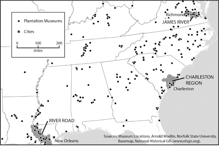 A map that represents the number of slave plantation museums in the American south.