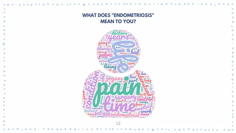 A word cloud resonding to the question 'What does 'endometriosis' mean to you?' The most prominent words are pain, time and life.