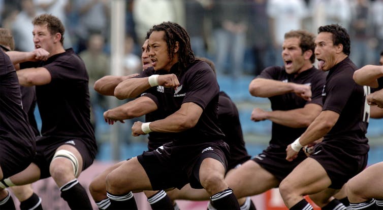 All Black rugby union team performing the pre-match haka