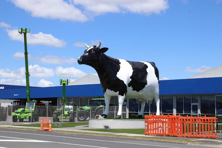 Giant cow statue in front of a farming goods store.