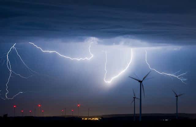 wind turbines in lightning storm