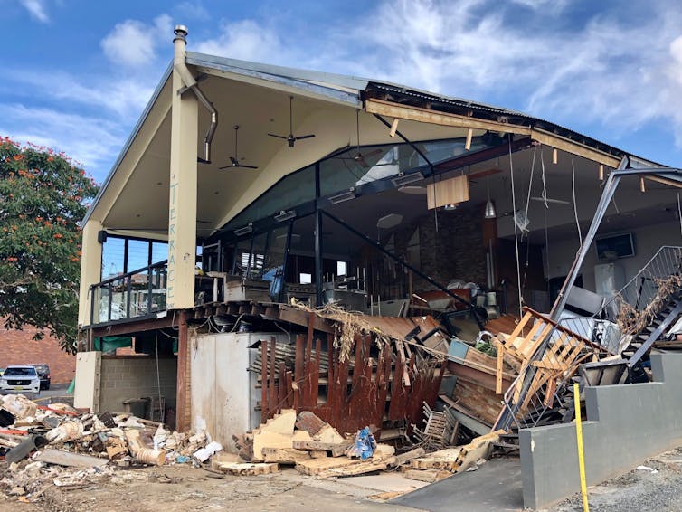 a building damaged by floods