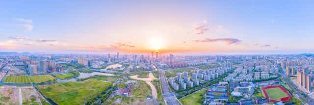 city viewed from above at sunset
