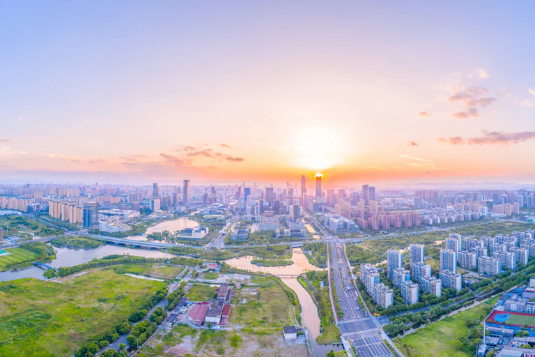 city viewed from above at sunset