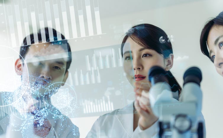 Three people in white coats with a microscope in the foreground, superimposed with bar graphs and data points.