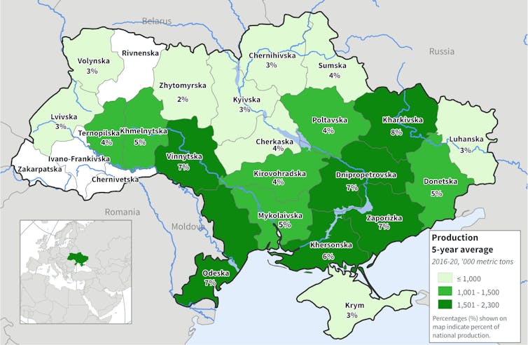 Ukraine average wheat production by region, 2016-2020.