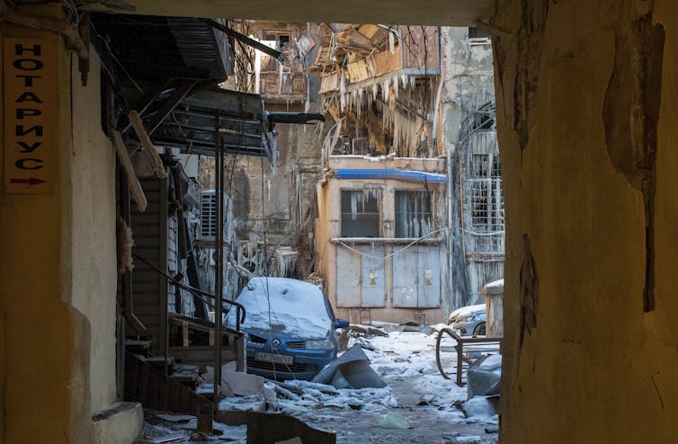 A destroyed building after shelling in downtown Kharkiv, Ukraine.