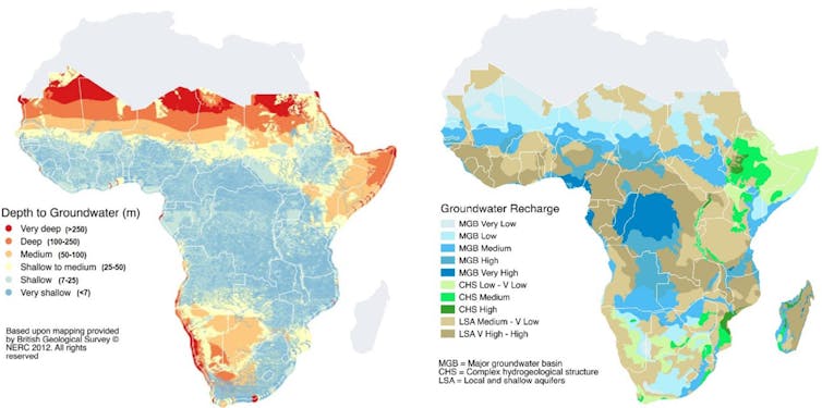 Maps showing the depths to groundwater and groundwater recharge across sub-Saharan Africa.