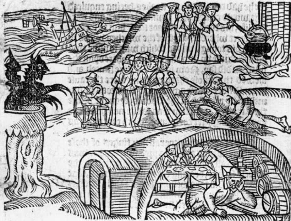 A pen and ink drawing of the North Berwick witches from the 17th century.