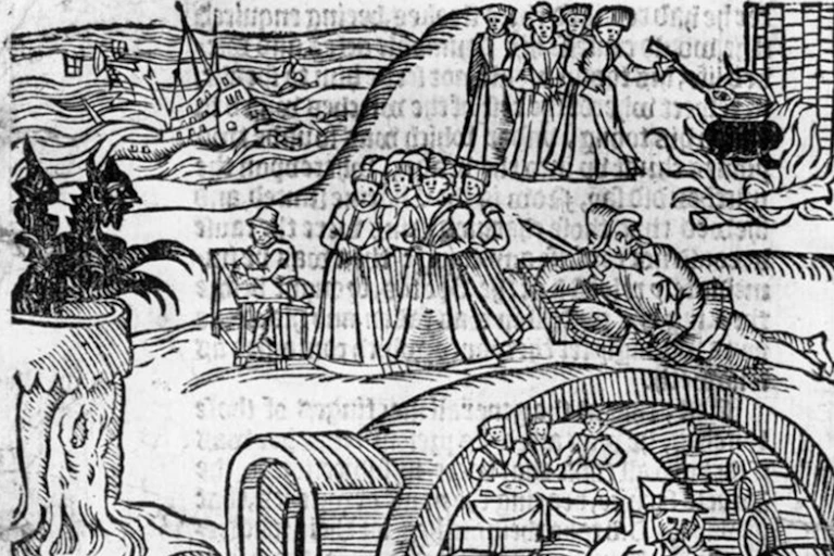 A pen and ink drawing of the North Berwick witches from the 17th century.