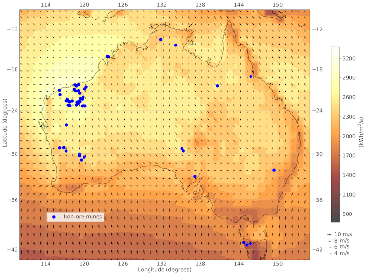 Map of australia showing wind energy and solar energy potential, and iron ore mine locations.