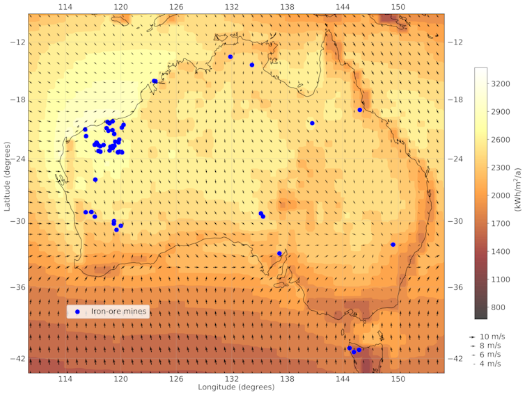 Map of Australia showing wind energy and solar energy potential, and iron ore mine locations.