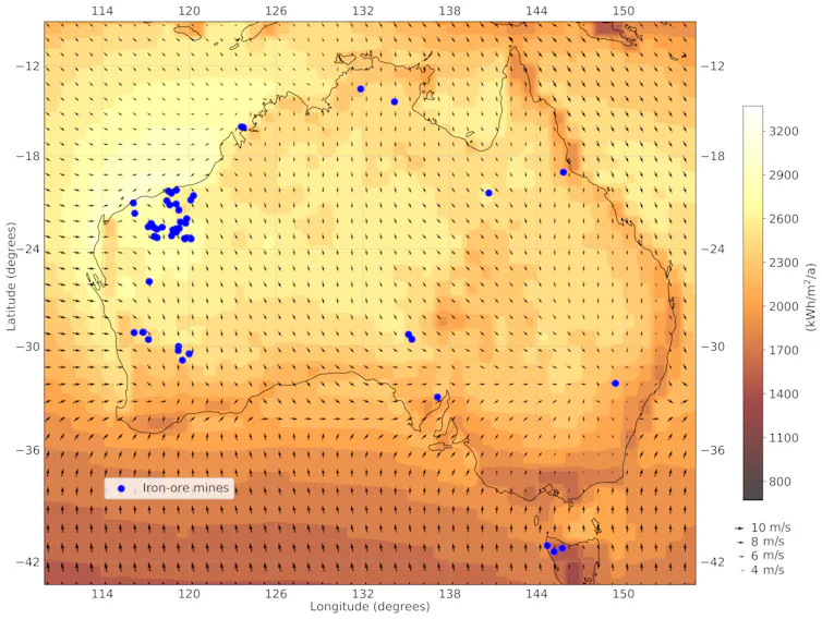Map of Australia showing wind energy and solar energy potential, and iron ore mine locations.