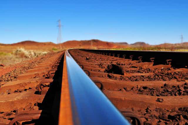 Steel track of iron ore railway in Pilbara