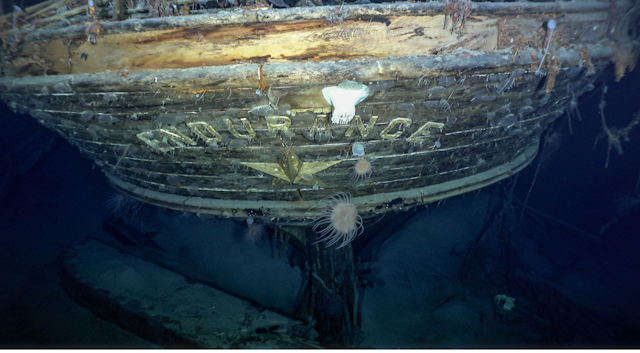 An underwater image of the  stern of Ernest Shacklton's polar explorer ship The Endurance.