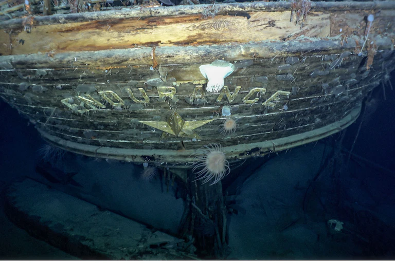 An underwater image of the stern of Ernest Shacklton's polar explorer ship The Endurance.