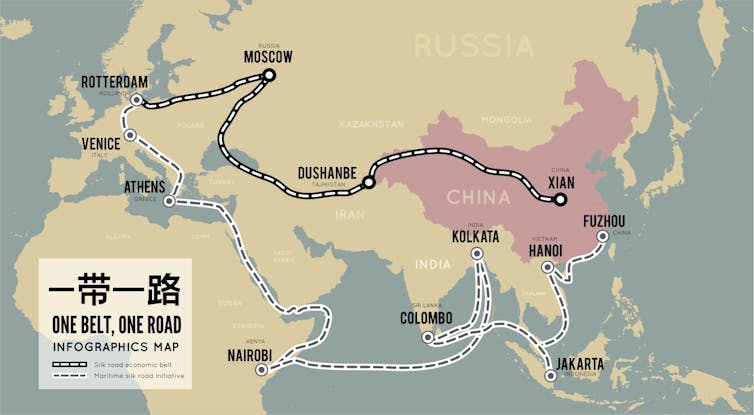 A map in yellow and pink of China's Belt and Road initiative.