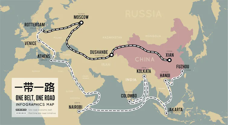 A map in yellow and pink of China's Belt and Road initiative.