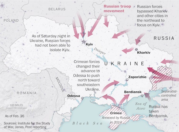 A map of Ukraine with arrows showing Russian forces' advances