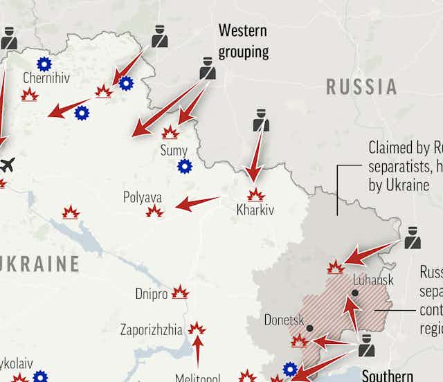 A map showing aspects of the Russian invasion in Ukraine