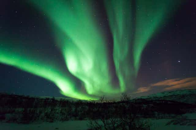 ribbons of bright green light fill the night sky above a snow-covered landscape