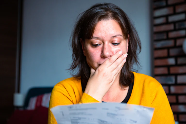 woman looking at bills