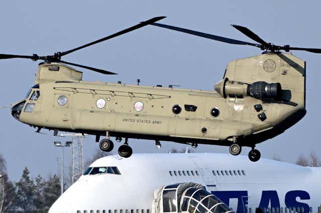 A US Chinook helicopter at the airport in Jasionka, southern Poland, February 2022
