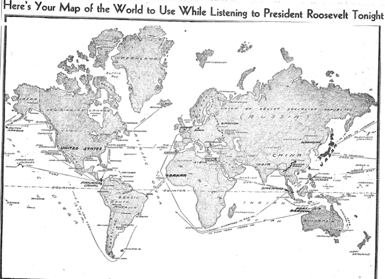 A black-and-white map of the world with key locations marked, such as Berlin and Japan.