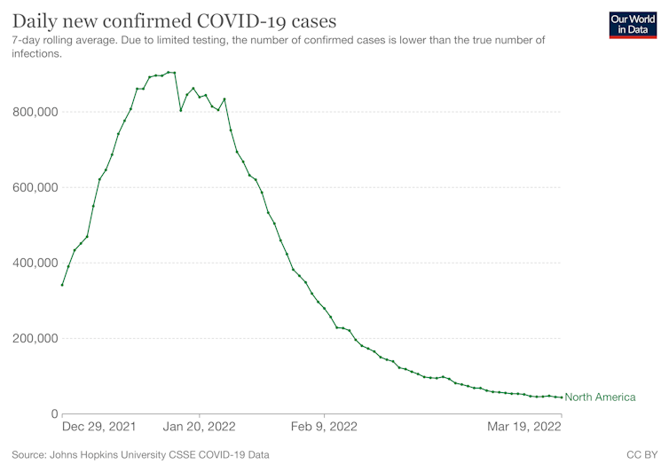 A line graph showing decreasing COVID-19 cases since the end of December 2021 until March 19, 2022.