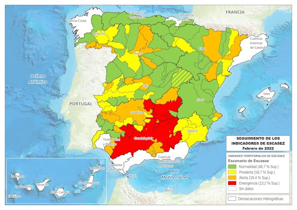 Mapas de indicadores de sequía (arriba) y escasez (abajo) en España a 28 de febrero de 2022. MITECO