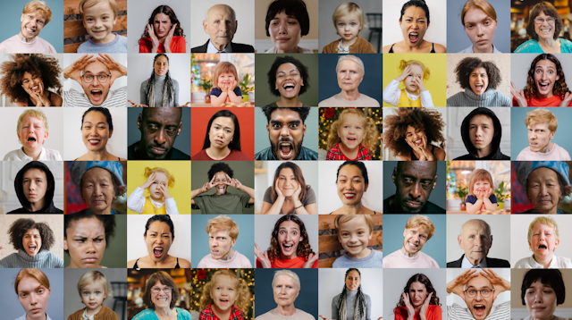 Múltiples caras de personas expresando diferentes emociones